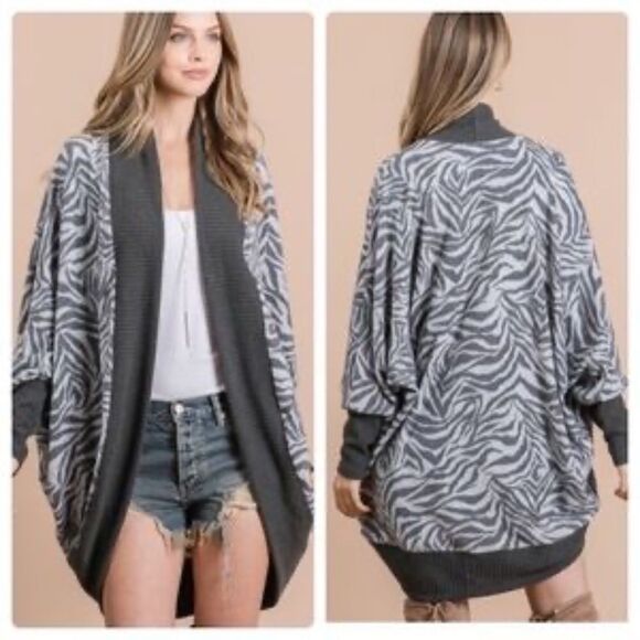 Brushed Zebra Dolman Sleeve Open Front Cardigan Small - Picture 2 of 9